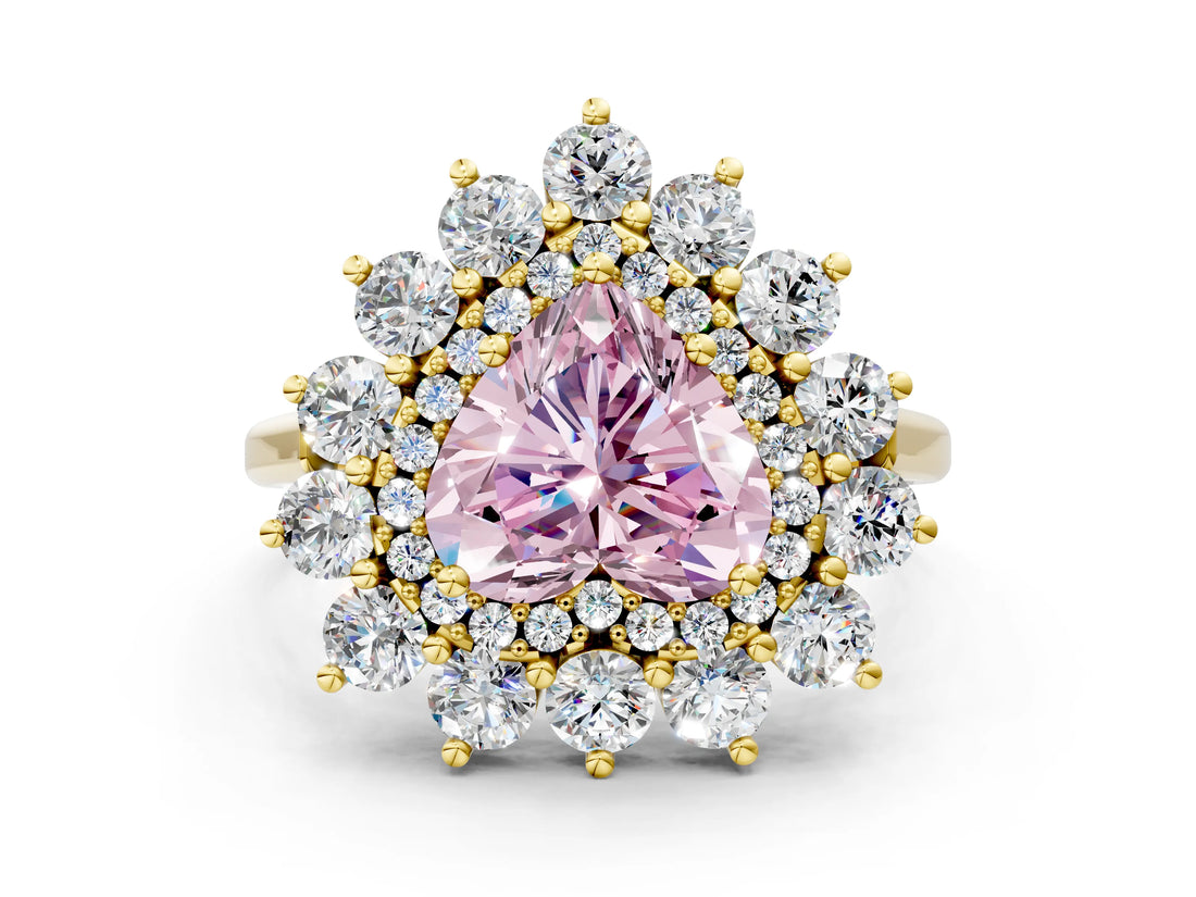 Yellow gold Fancy Pink Heart Cut Diamond Floral Double Halo Engagement Ring with Prong Setting_24