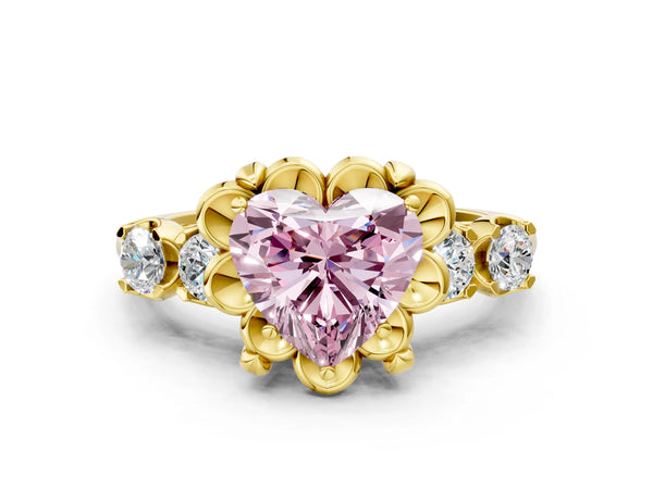 Yellow gold Fancy Pink Heart  Cut Diamond Floral Halo Engagement Ring with Shared Prong Setting