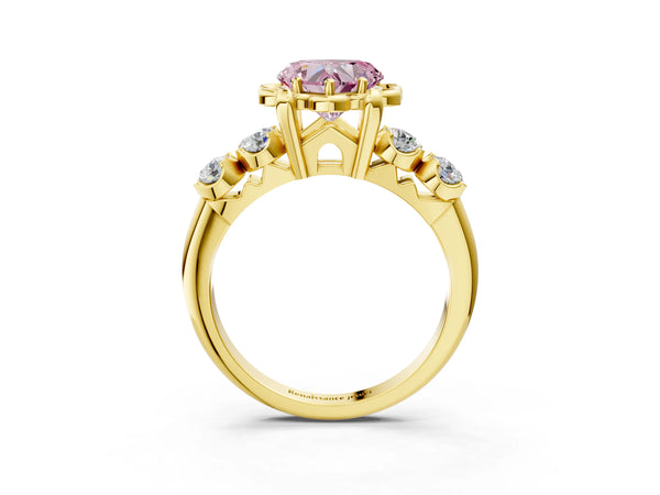Yellow gold Fancy Pink Heart  Cut Diamond Floral Halo Engagement Ring with Shared Prong Setting