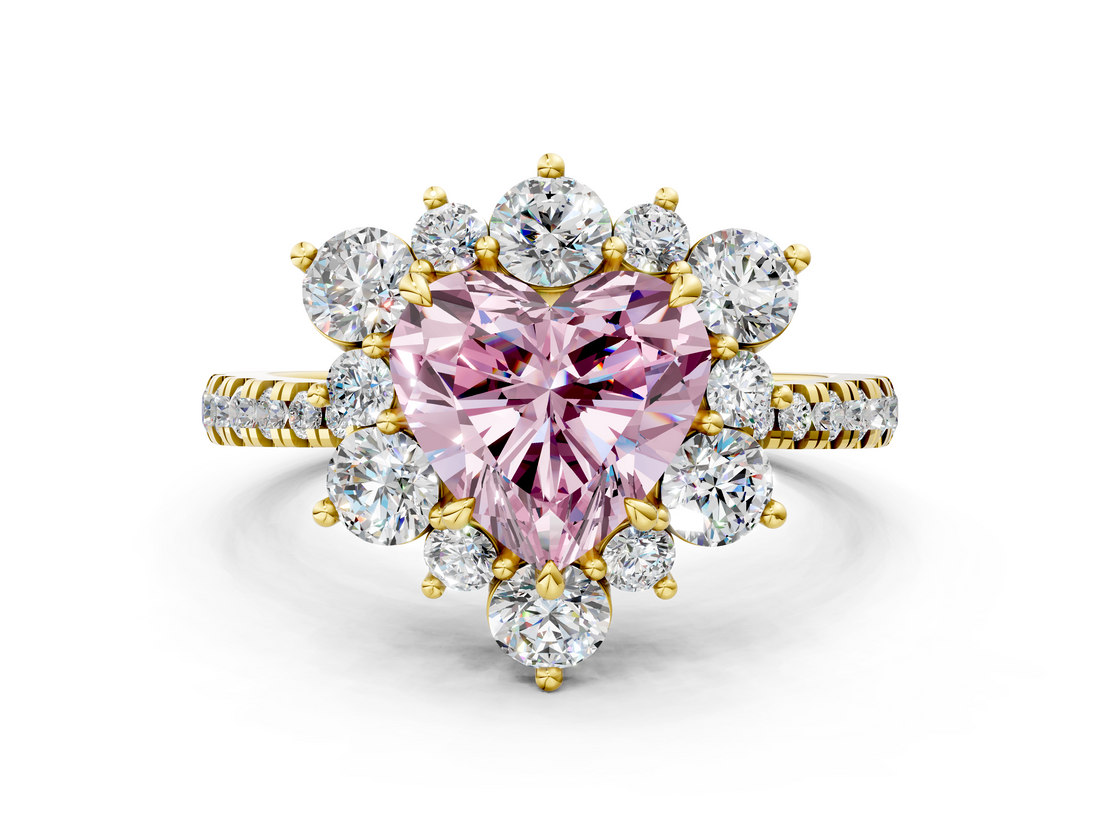 Yellow gold Fancy Pink Heart  Cut Diamond Floral Halo Pave Band with Prong Setting_37