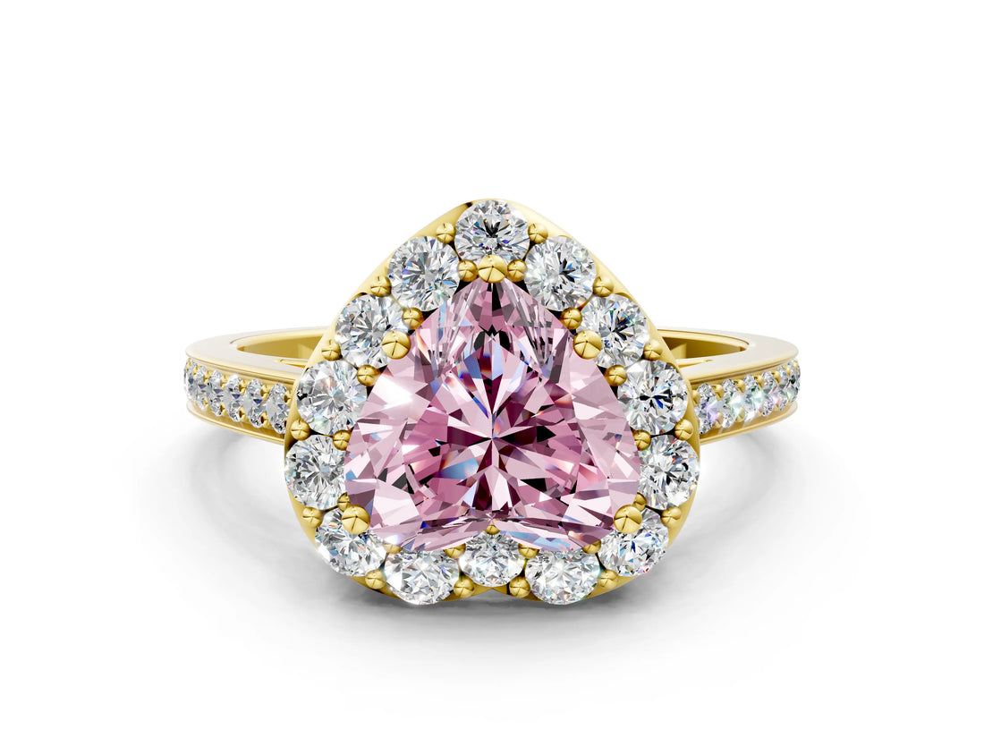 Yellow gold Fancy Pink Heart Cut Diamond Floral Halo Ring with Pavé Band and Prong Setting_3