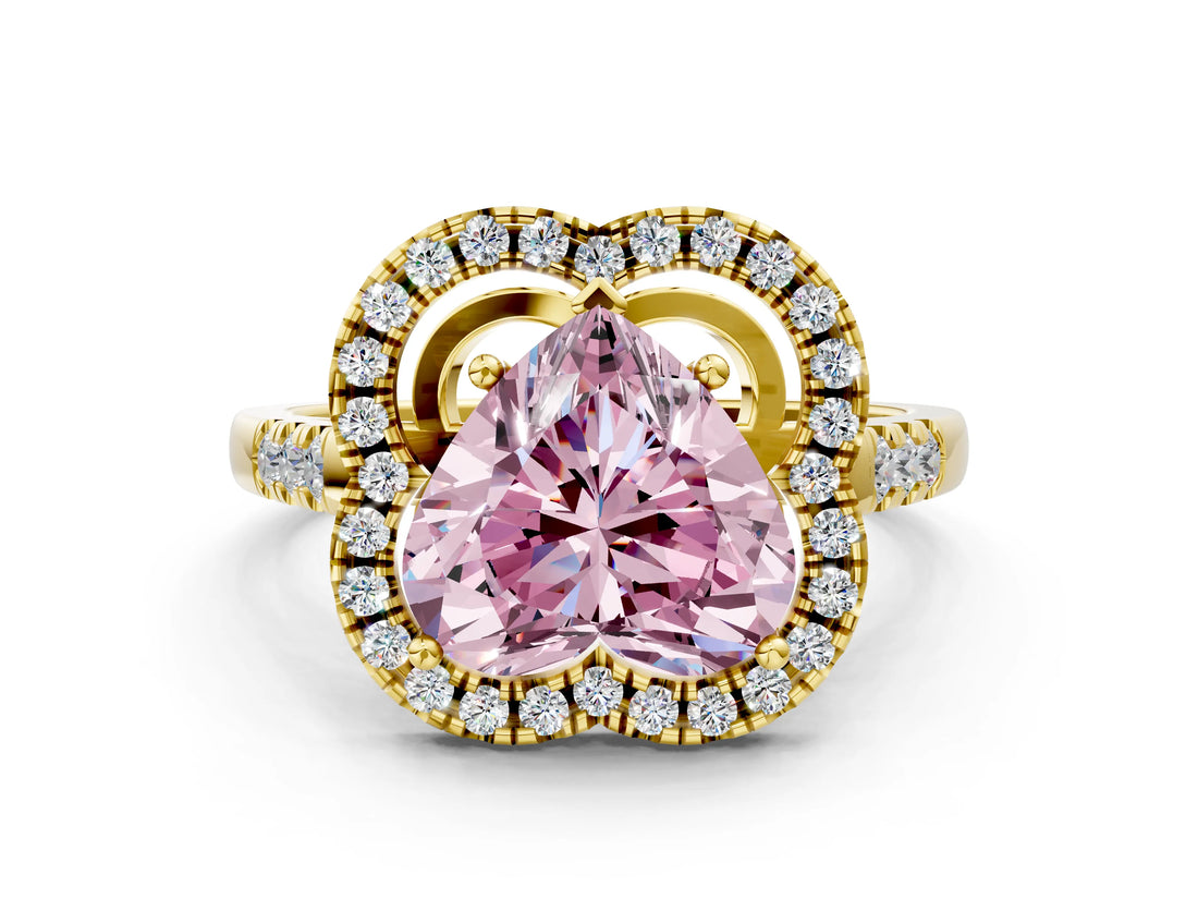 Yellow gold Fancy Pink Heart Cut Diamond Floral Halo Split Shank Prong Setting Ring