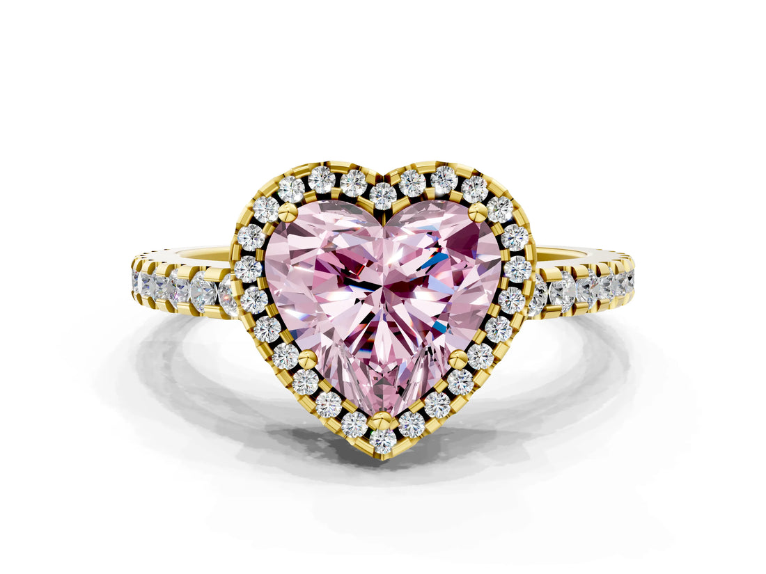 Yellow gold Fancy Pink Heart Cut Diamond Halo Engagement Ring with Pavé Band and Prong Setting_27