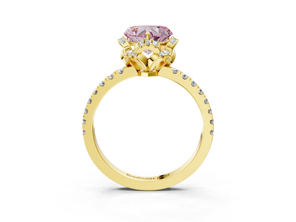 Yellow Gold Heart-Shaped Four Petal Floral Halo Engagement Ring Setting for Fancy Pink Center
