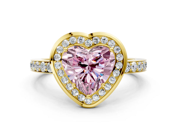 Yellow gold Fancy Pink Heart Cut Diamond Halo Ring with Bezel Frame and Pavé Band