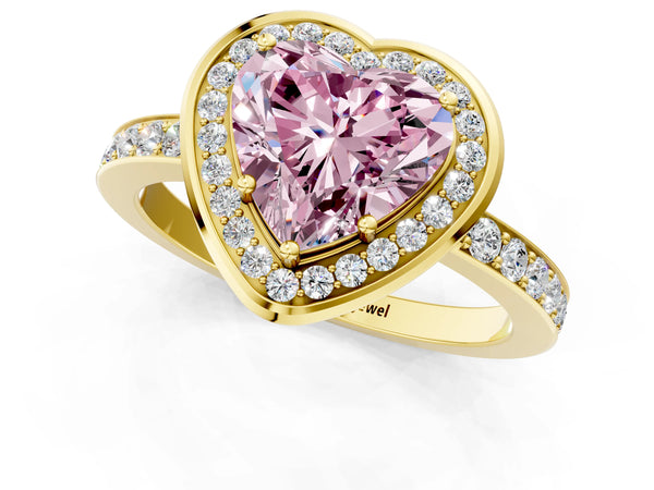 Yellow gold Fancy Pink Heart Cut Diamond Halo Ring with Bezel Frame and Pavé Band