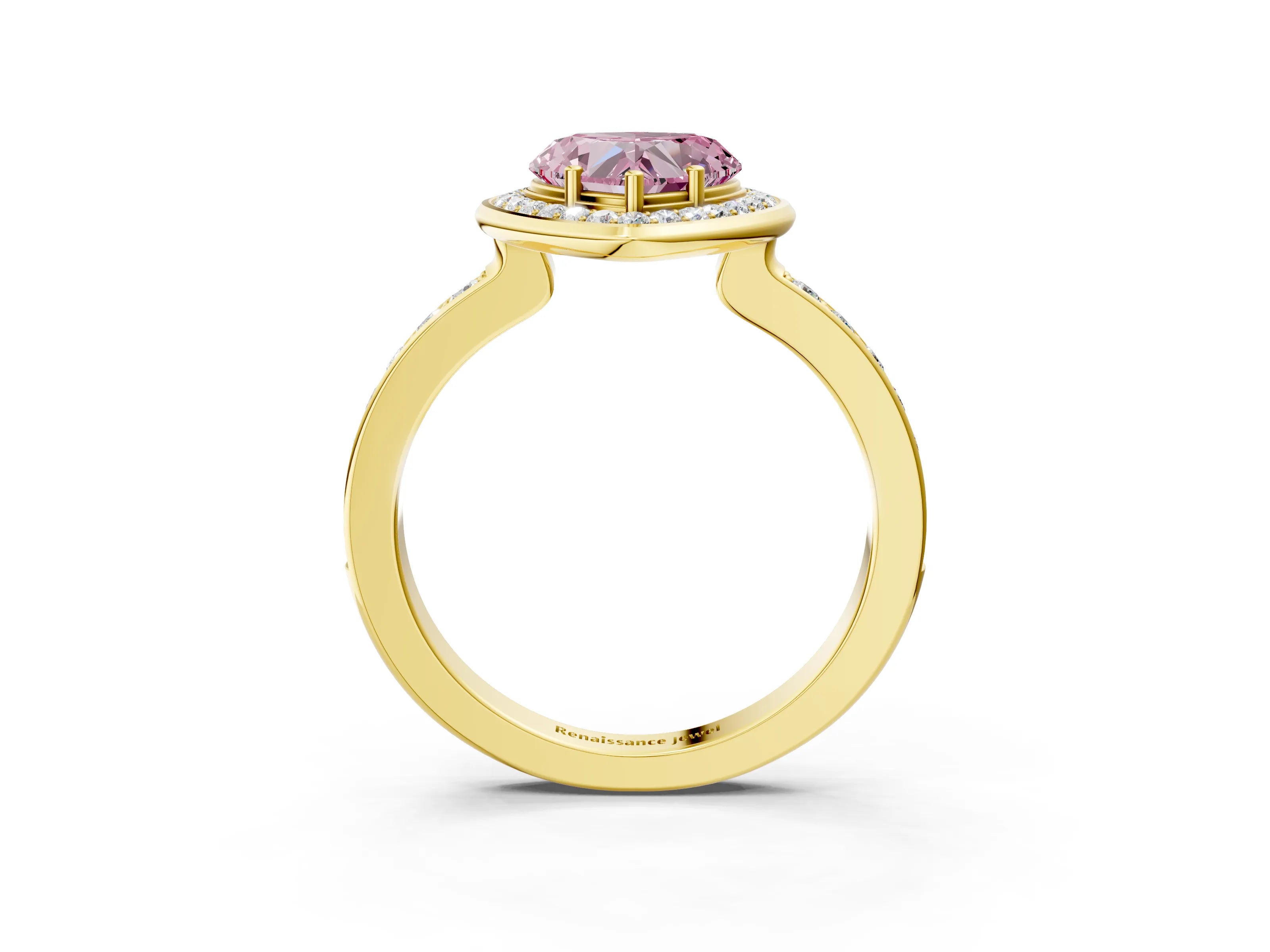 Yellow gold Fancy Pink Heart Cut Diamond Halo Ring with Bezel Frame and Pavé Band_3