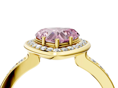 Yellow gold Fancy Pink Heart Cut Diamond Halo Ring with Bezel Frame and Pavé Band_4