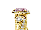 Yellow gold Fancy Pink Heart Cut Diamond Halo Ring with Milgrain Pavé Band and Four-Prong Setting_59
