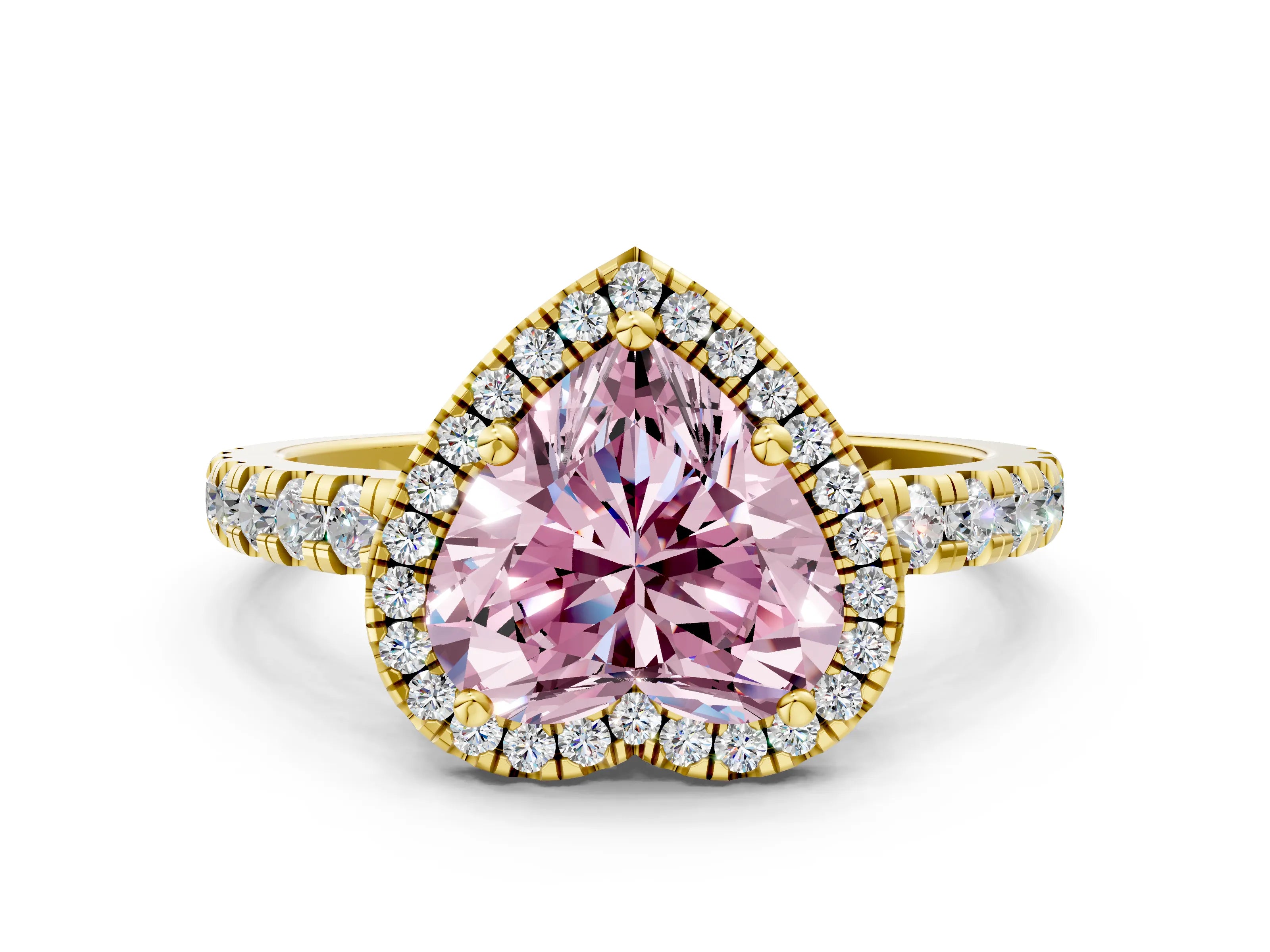 Yellow gold Fancy Pink Heart Cut Diamond Halo Ring with Pavé Band and Four-Prong Setting