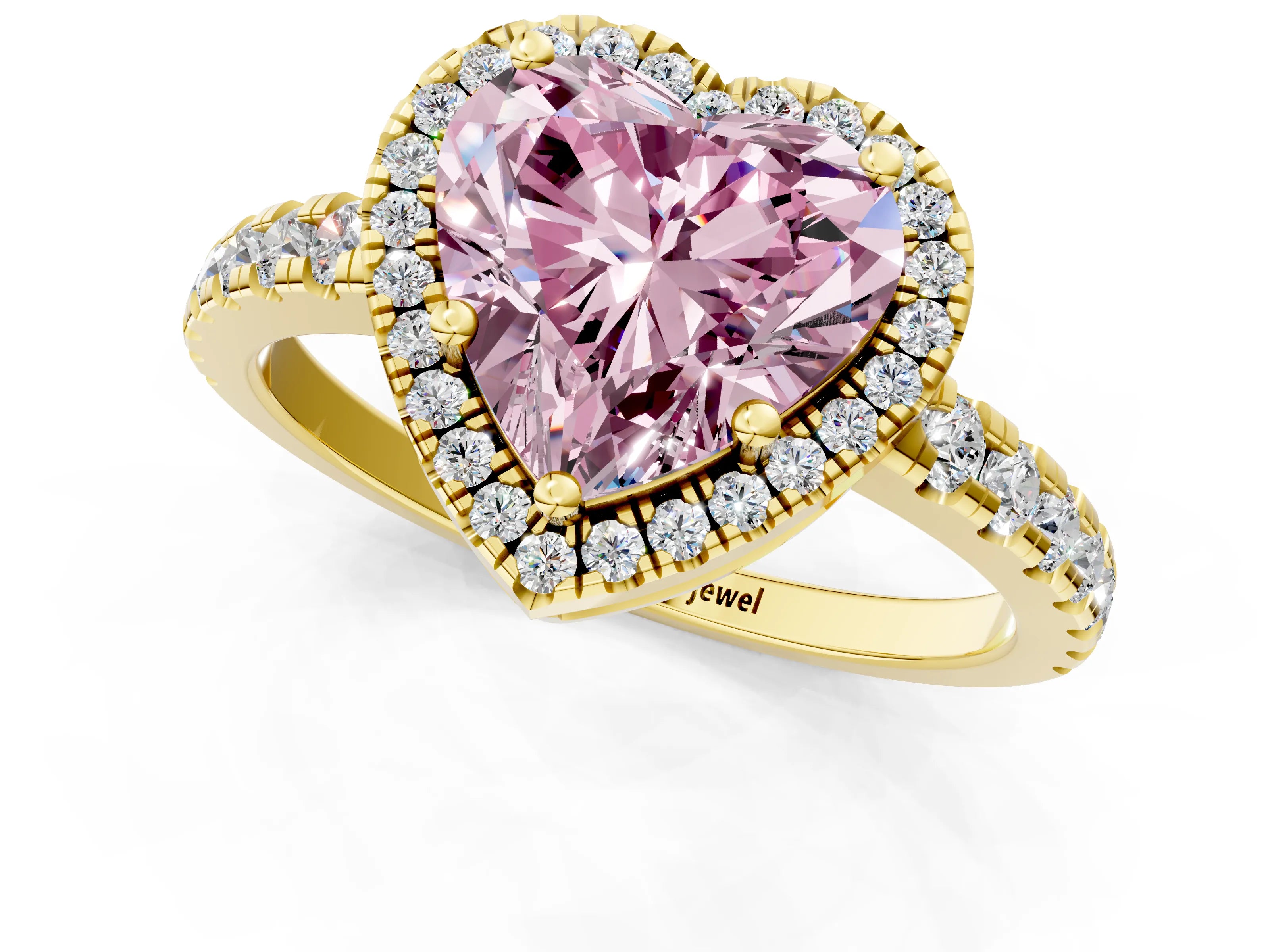 Yellow gold Fancy Pink Heart Cut Diamond Halo Ring with Pavé Band and Four-Prong Setting_1