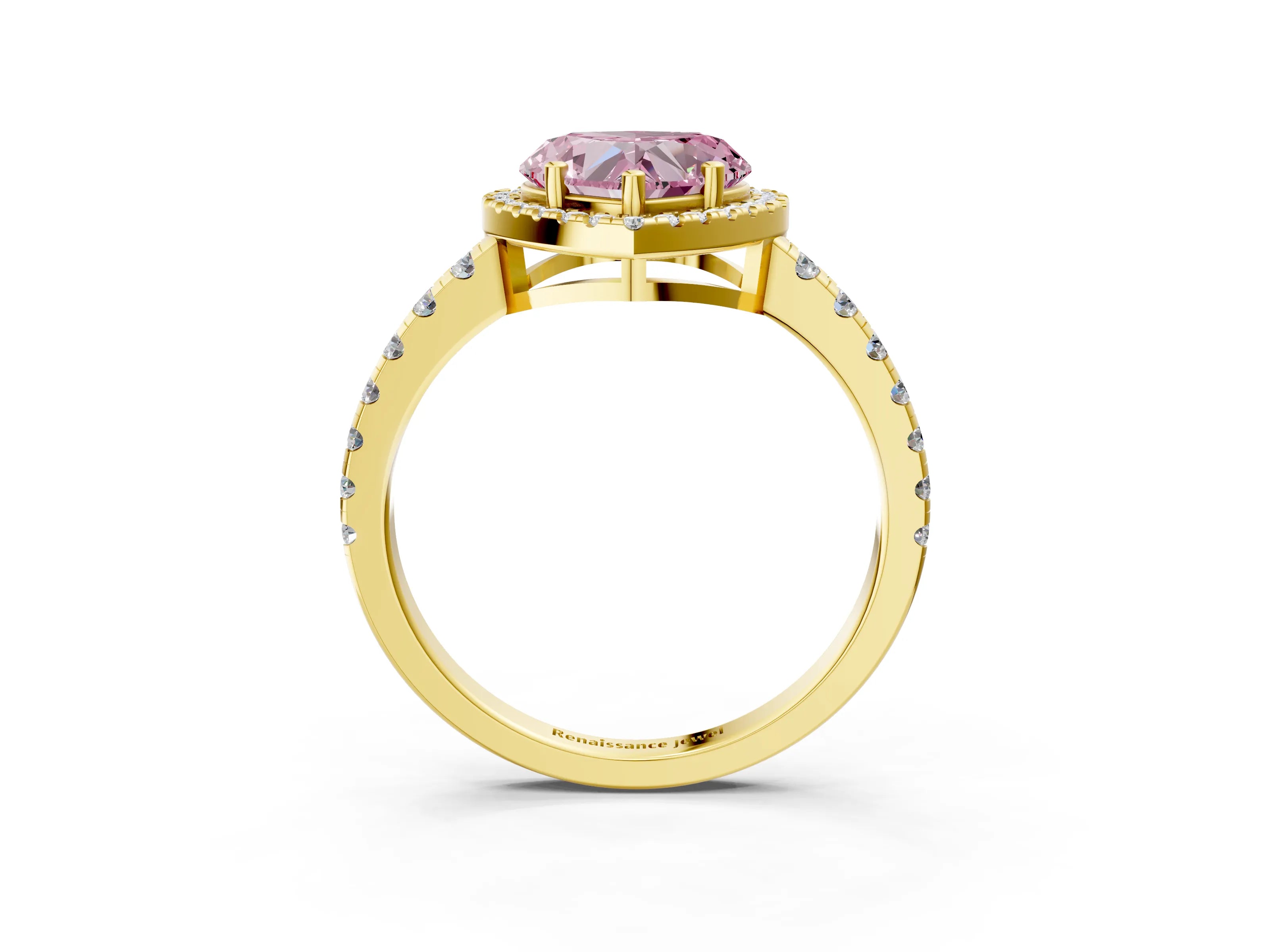 Yellow gold Fancy Pink Heart Cut Diamond Halo Ring with Pavé Band and Four-Prong Setting_3