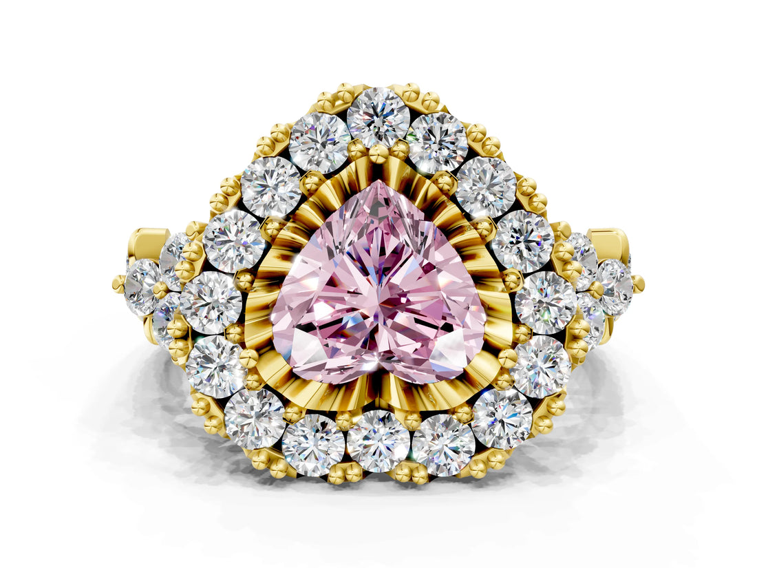 Yellow gold Fancy Pink Heart Cut Diamond Halo Ring with Pavé Band and Four-Prong Setting_39