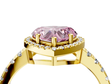 Yellow gold Fancy Pink Heart Cut Diamond Halo Ring with Pavé Band and Four-Prong Setting_4