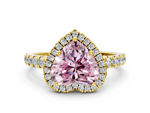 Yellow gold Fancy Pink Heart Cut Diamond Halo Ring with Pavé Band and Four-Prong Setting