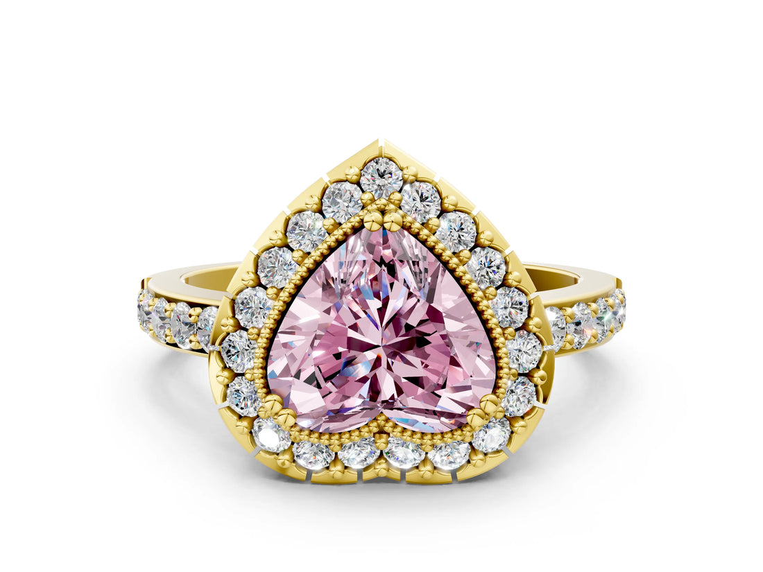 Yellow gold Fancy Pink Heart Cut Diamond Halo Ring with Pavé Band and Prong Setting
