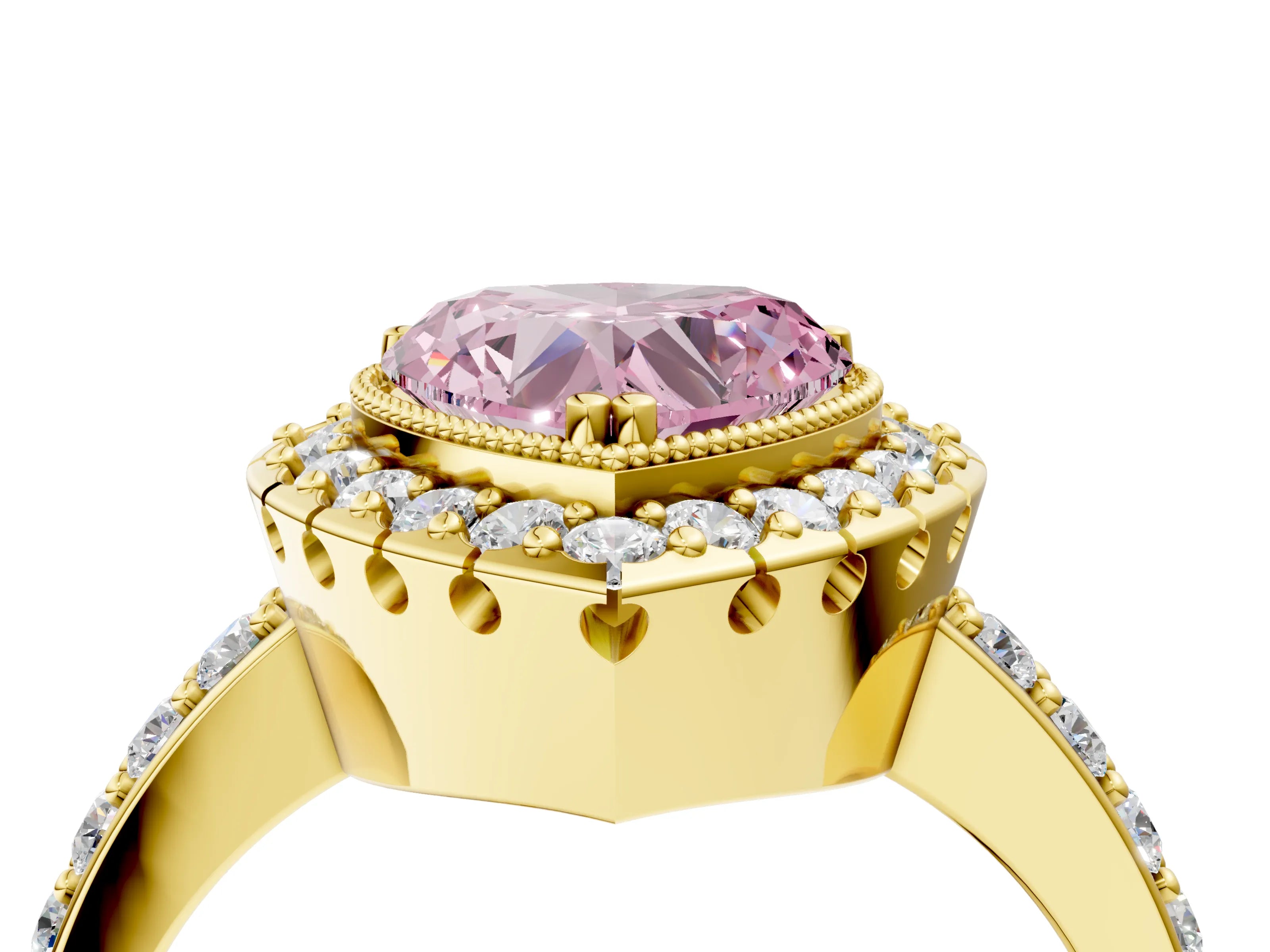 Yellow gold Fancy Pink Heart Cut Diamond Halo Ring with Pavé Band and Prong Setting_4