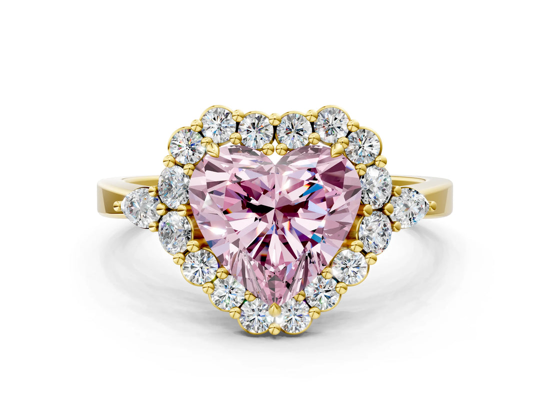 Yellow gold Fancy Pink Heart Cut Diamond Halo Ring with Pear Side Stones and Prong Setting_52