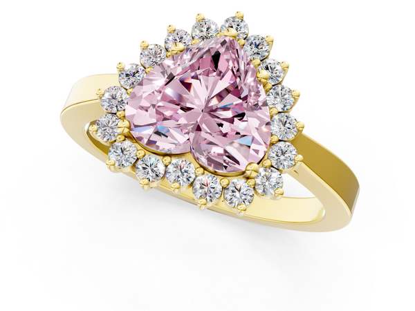10K Yellow Gold 1.00 Carat Pink VS2 Heart Cut Diamond Halo Ring with Round Brilliant Halo and Solitaire Band