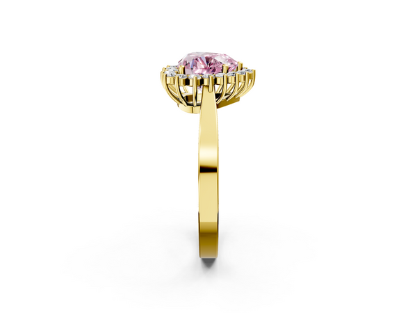 Yellow gold Fancy Pink Heart  Cut Diamond Halo Ring with Round Brilliant Halo and Solitaire Band