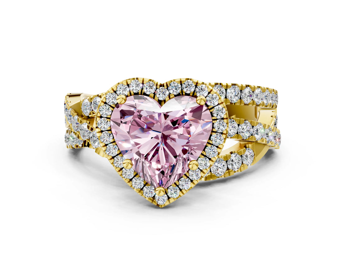 Yellow gold Fancy Pink Heart Cut Diamond Halo Ring with Round Split Shank and Prong Setting_36