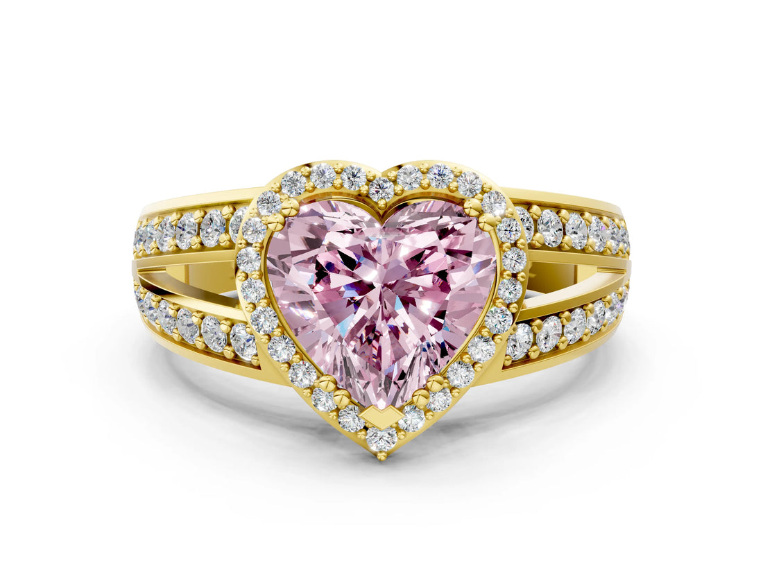 Yellow gold Fancy Pink Heart Cut Diamond Halo Ring with Split Shank Pavé Band and Four-Prong Setting