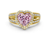 Yellow gold Fancy Pink Heart Cut Diamond Halo Ring with Split Shank Pavé Band and Four-Prong Setting