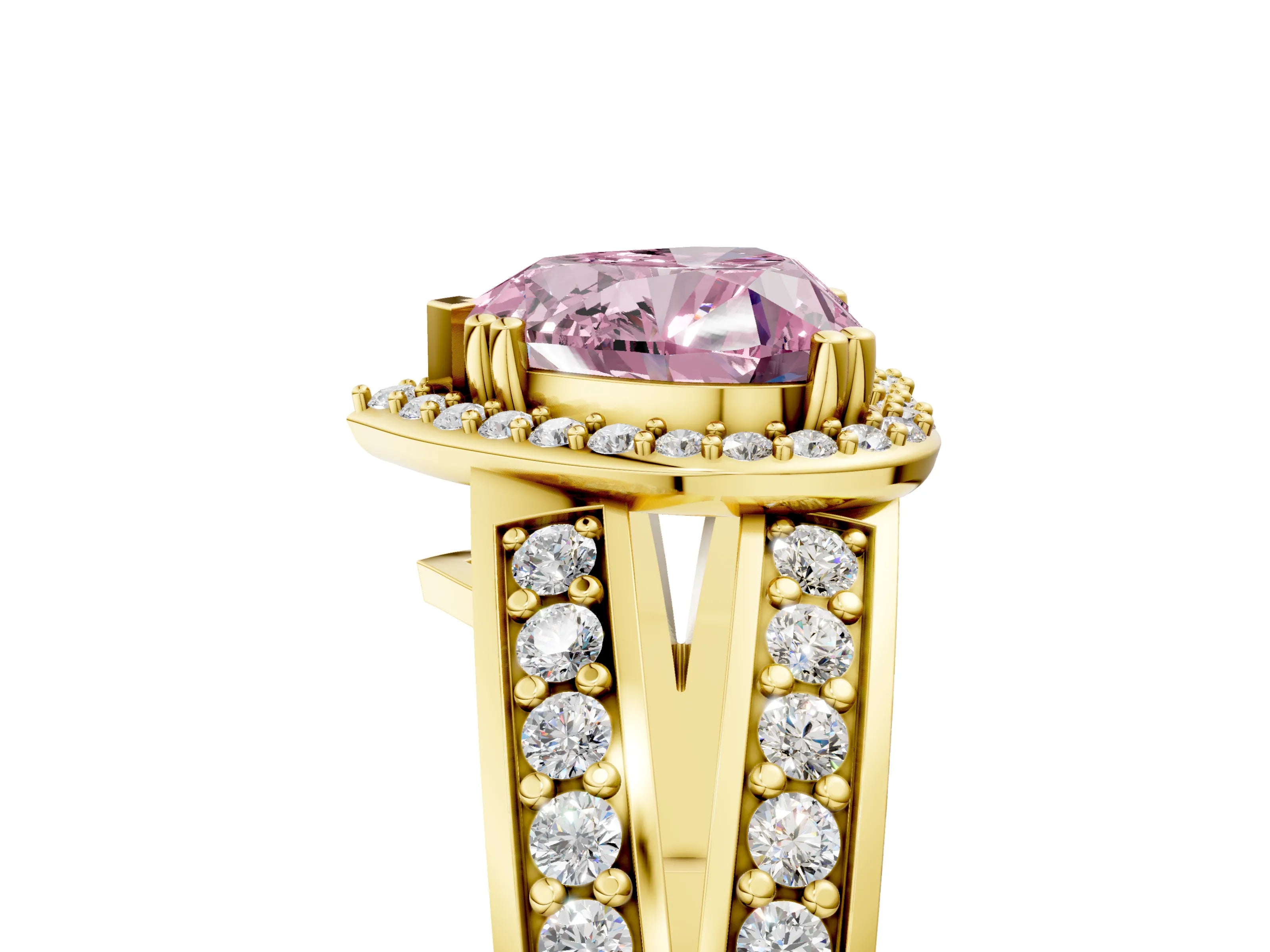 Yellow gold Fancy Pink Heart Cut Diamond Halo Ring with Split Shank Pavé Band and Four-Prong Setting_5