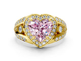 Yellow gold Fancy Pink Heart Cut Diamond Halo Ring with Split Shank and Bezel Accents and Four-Prong Setting