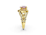 Yellow gold Fancy Pink Heart Cut Diamond Halo Ring with Split Shank and Bezel Accents and Four-Prong Setting_2