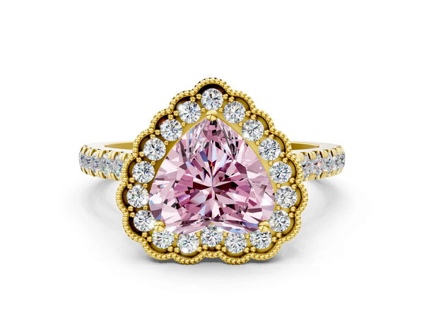 Yellow gold Fancy Pink Heart  Cut Diamond Milgrain Floral Halo Engagement Ring with Pavé Band