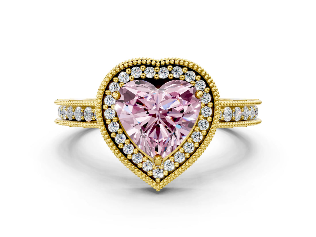 Yellow gold Fancy Pink Heart Cut Diamond Milgrain Halo Engagement Ring with Round Pavé Band and Prong Setting_27