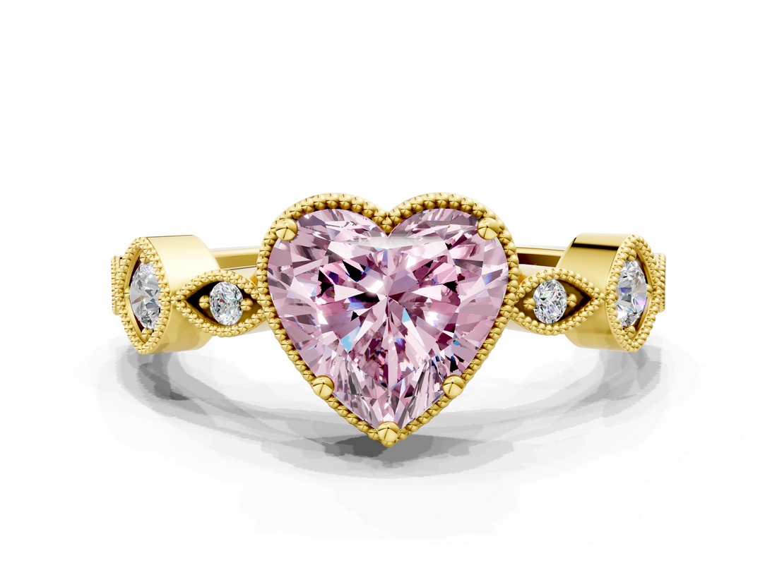 Yellow gold Fancy Pink Heart  Cut Diamond Milgrain Marquise Band with Prong Setting_3