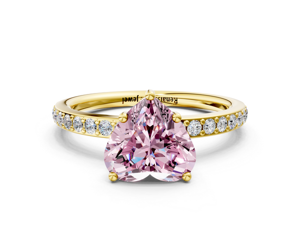 Yellow gold Fancy Pink Heart  Cut Diamond Pavé Band Ring with Four-Prong Setting