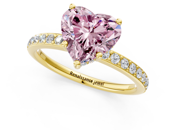 Yellow gold Fancy Pink Heart  Cut Diamond Pavé Band Ring with Four-Prong Setting
