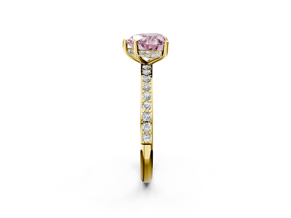 Yellow gold Fancy Pink Heart  Cut Diamond Pavé Band Ring with Four-Prong Setting