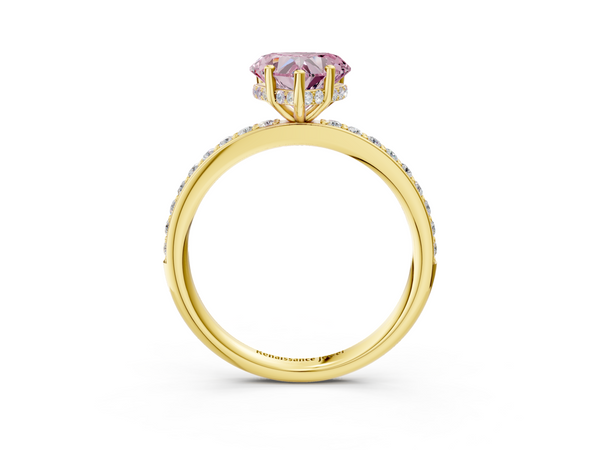 Yellow gold Fancy Pink Heart  Cut Diamond Pavé Band Ring with Four-Prong Setting