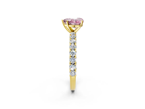 Yellow gold Fancy Pink Heart Cut Diamond Pavé Band Solitaire Ring with Prong Setting