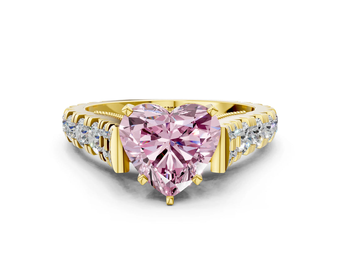 Yellow gold Fancy Pink Heart  Cut Diamond Pavé Band Solitaire with Four-Prong Setting_15