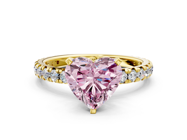 Yellow gold Fancy Pink Heart  Cut Diamond Pavé Band with Four-Prong Setting