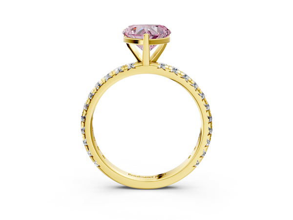 Yellow gold Fancy Pink Heart  Cut Diamond Pavé Band with Four-Prong Setting
