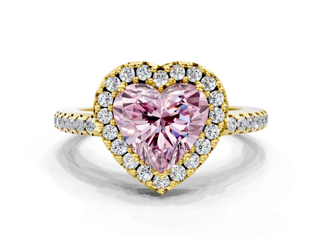 Yellow gold Fancy Pink Heart Cut Diamond Pavé Halo Ring with Four-Prong Setting_35