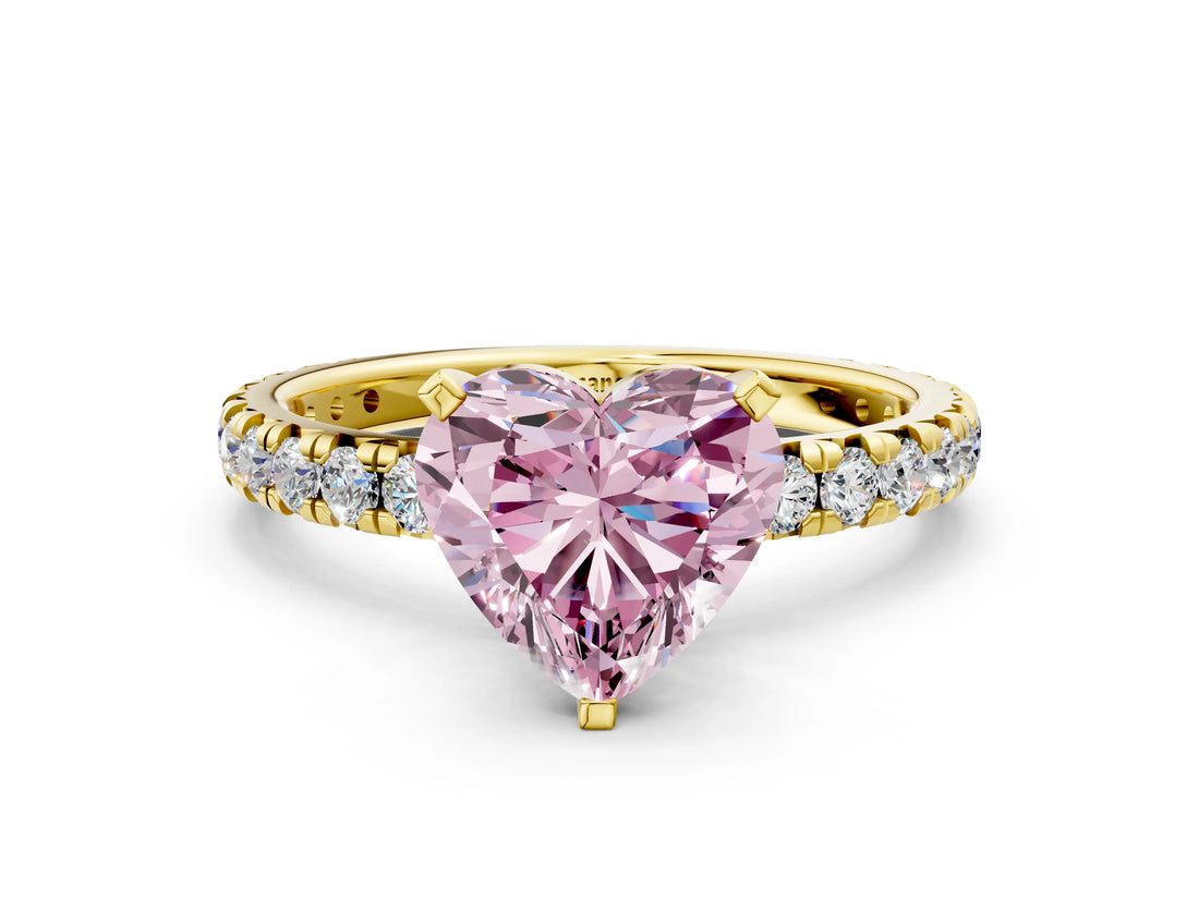 Yellow gold Fancy Pink Heart Cut Diamond Pavé Solitaire Ring with Round Band and Prong Setting_12