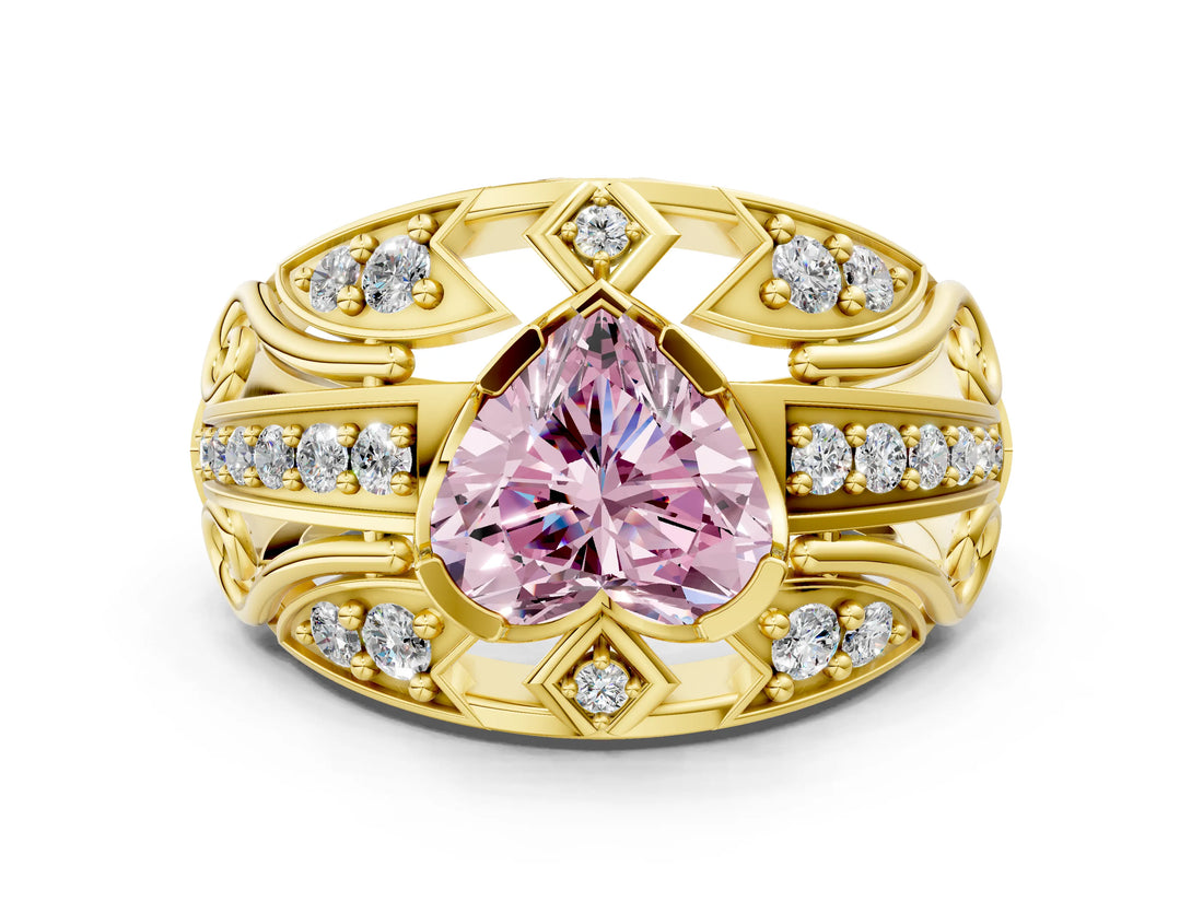 Yellow gold Fancy Pink Heart Cut Diamond Pave Art Deco Split Shank Ring with Four-Prong Setting