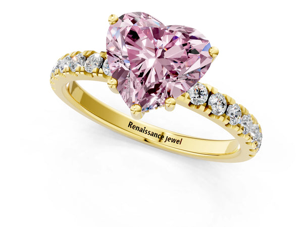 Yellow gold Fancy Pink Heart Cut Diamond Pave Band Solitaire Ring with Round  and Prong Setting