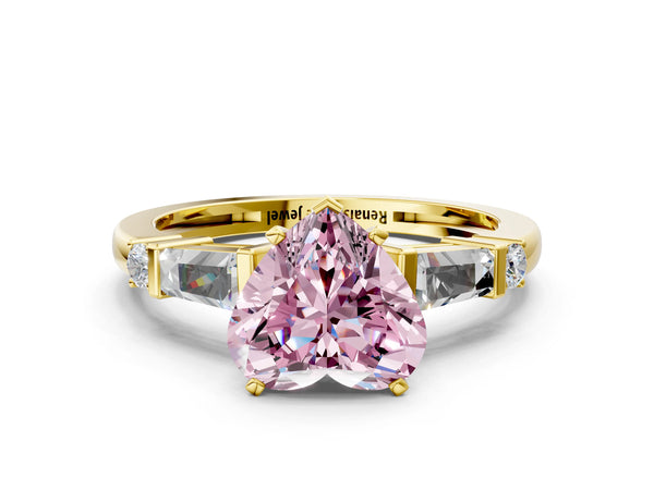 Yellow gold Fancy Pink Heart  Cut Diamond Ring with Baguette Side Stones, Channel Set Band, and Four-Prong Setting