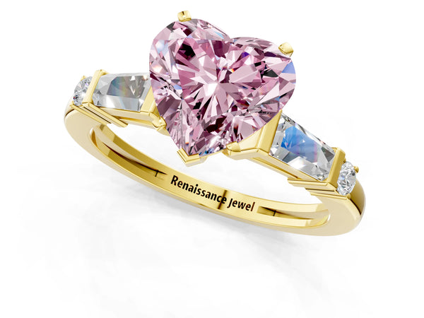 Yellow gold Fancy Pink Heart  Cut Diamond Ring with Baguette Side Stones, Channel Set Band, and Four-Prong Setting