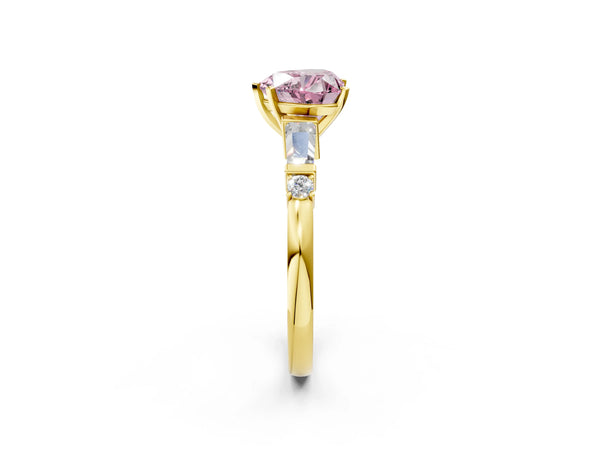 Yellow gold Fancy Pink Heart  Cut Diamond Ring with Baguette Side Stones, Channel Set Band, and Four-Prong Setting