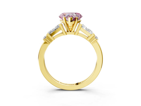 Yellow gold Fancy Pink Heart  Cut Diamond Ring with Baguette Side Stones, Channel Set Band, and Four-Prong Setting