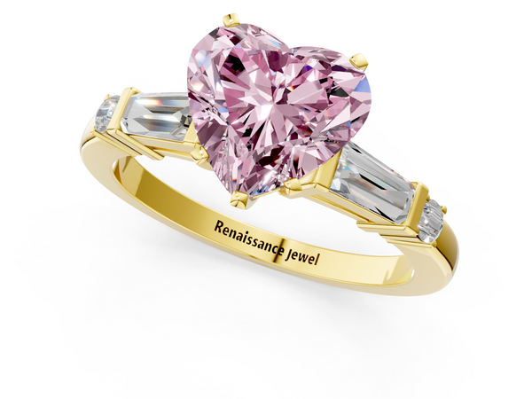 Yellow gold Fancy Pink Heart  Cut Diamond Ring with Baguette Side Stones, Channel Set Band, and Four-Prong Setting